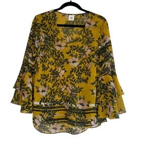 2/$30 CAbi Women's Yellow Golden Mustard Floral Blouse